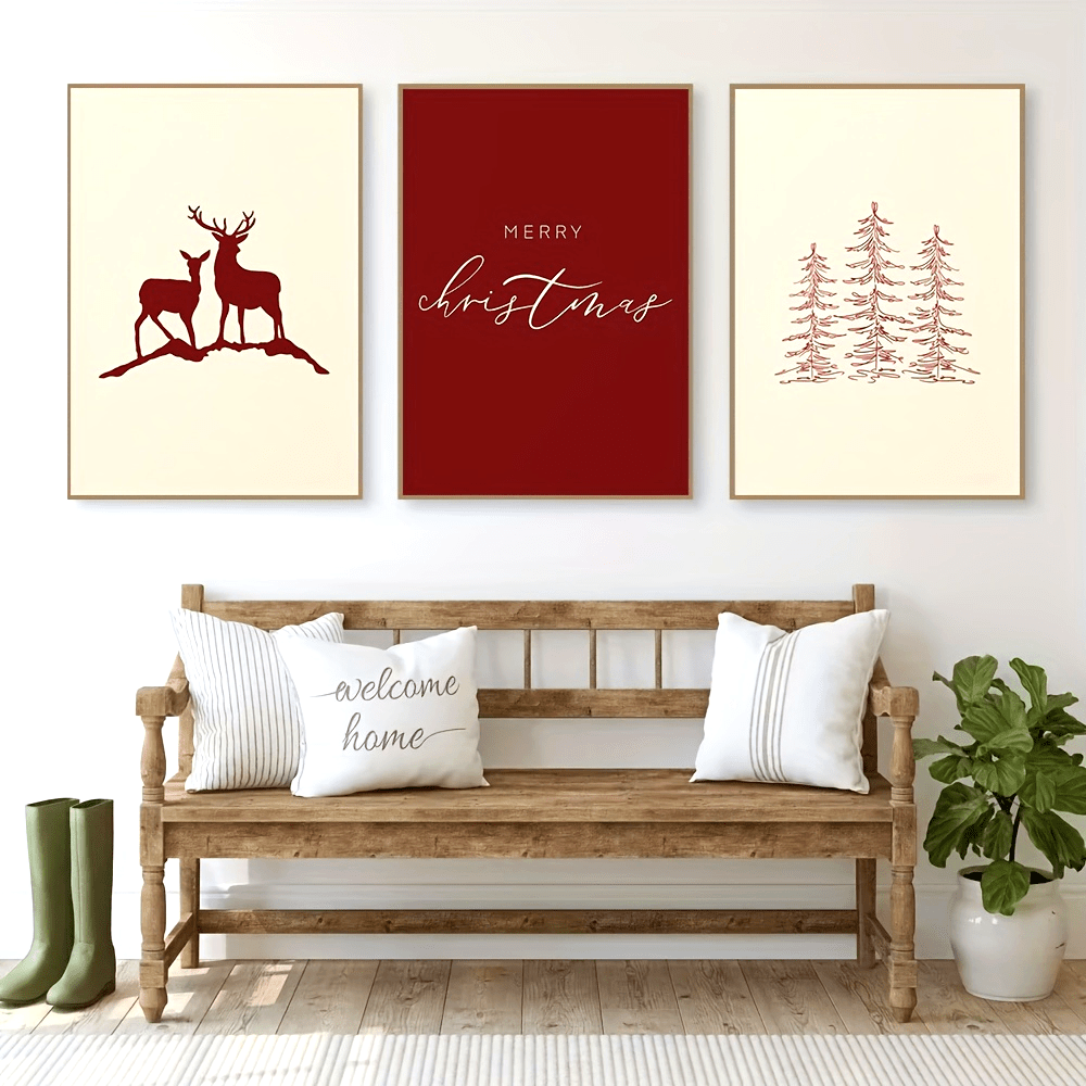 Set of 3 Christmas Canvas Art Prints – Frameless Wall Decor with Holiday Tree and Elk Design for Living Room Home Decoration