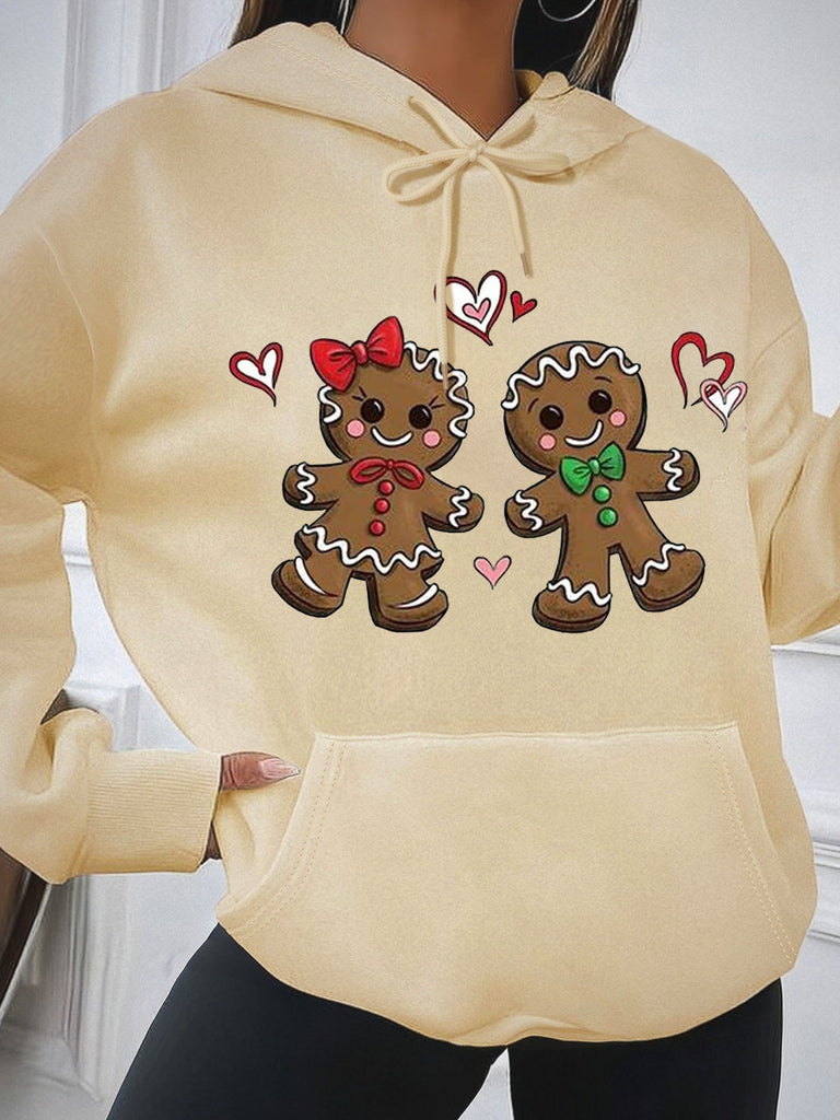 Christmas Gingerbread Man Print Hoodie, Casual Long Sleeve Kangaroo Pocket Hooded Sweatshirt, Women's Clothing