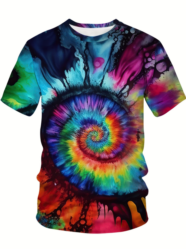 Plus Size Tie-Dye T-Shirt for Men | HXMRBY 3D Art Abstract Pattern | Casual Sports Crew Neck | Polyester 95%, Spandex 5% | Slight Stretch Knit Fabric | Regular Fit Tops | Vibrant All Over Print | Summer Outdoor Wear