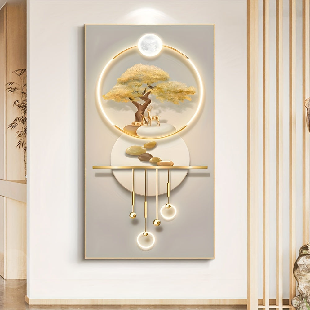 Modern Abstract Fortune Tree & Elk Canvas Art, 23.62x47.24in - Frameless Wall Decor for Living Room, Bedroom, Hallway - Elegant Khaki Tone, for Return School