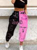 Two Tone Letter Print Casual Sports Pants, Elastic Waist Slight Stretch Loose Fit Jogging Sweatpants, Women's Athleisure