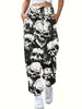 Spooky Halloween Skull Print Long Joggers - Casual, Drawstring, Micro Elastic Waist, Polyester Fabric, Machine Washable, Random Print Design - Womens All-Season Loose Fit Pants For Adults