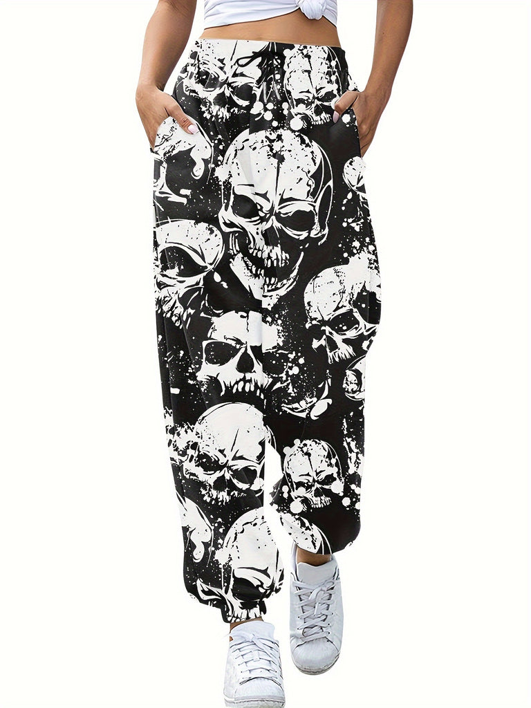 Spooky Halloween Skull Print Long Joggers - Casual, Drawstring, Micro Elastic Waist, Polyester Fabric, Machine Washable, Random Print Design - Womens All-Season Loose Fit Pants For Adults