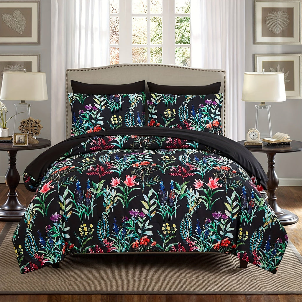 7 Piece Bed In A Bag Floral Comforter Set, Botanical Flowers Comforter And Sheet Set, (Dark Floral, Queen)