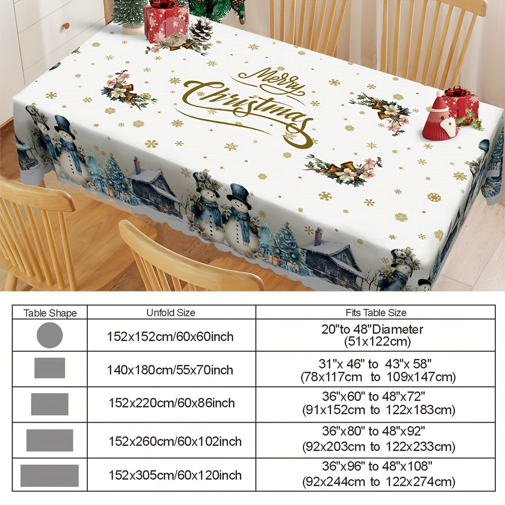 Charming Snowman & Golden Snowflake Christmas Tablecloth - Waterproof, Wrinkle-Resistant Polyester, Perfect for Indoor & Outdoor Holiday Dining Decor, Rectangular, Festive Blue Table Cover for Parties and Dinners