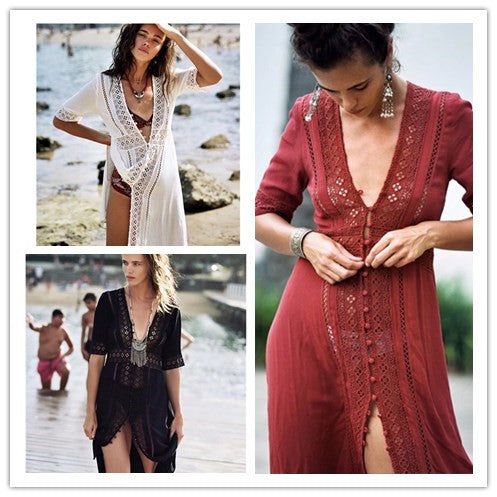 European and American foreign trade FP beach resort openwork lace stitching dress