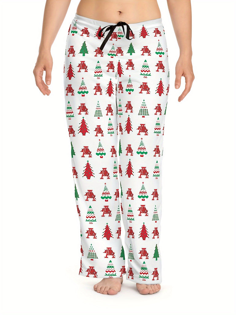 Women's Comfy Christmas Tree Print Wide-Leg Pants - Stretchy, Casual Sleepwear with Drawstring Waist, Machine Washable