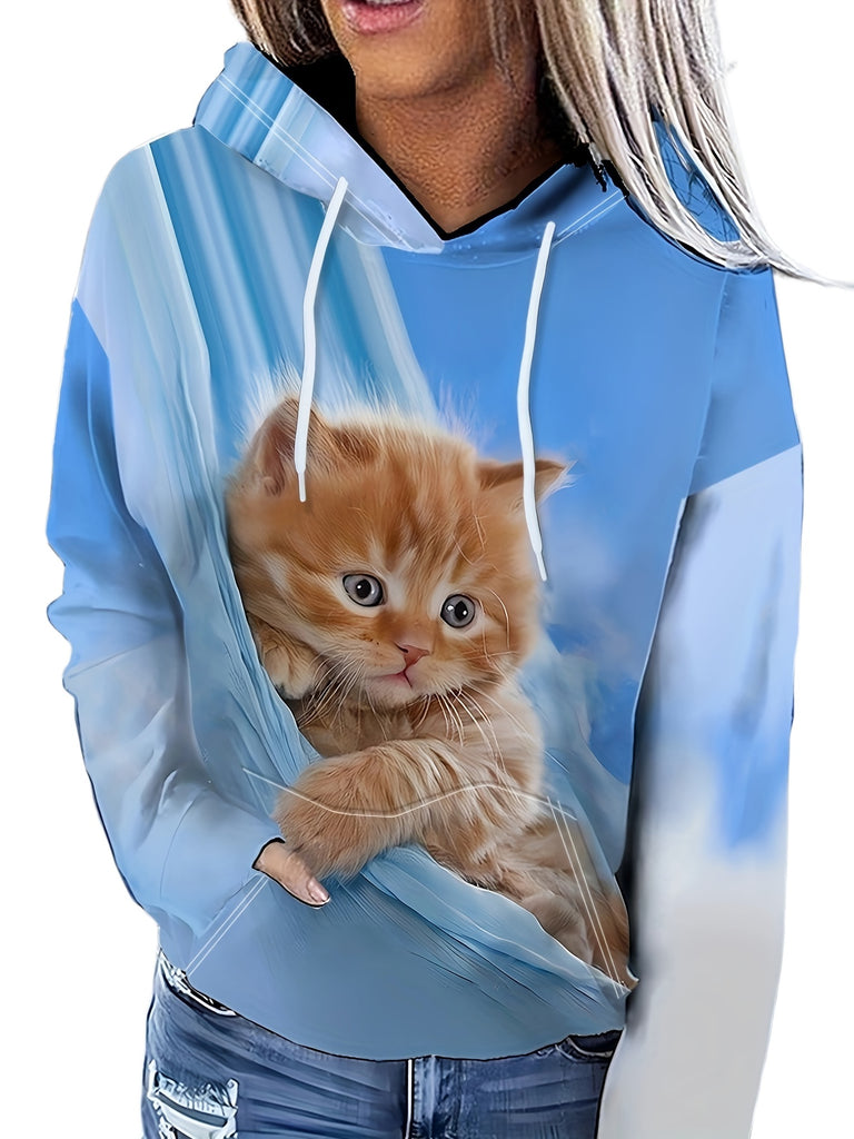 Cute Cat Print Drawstring Hoodie, Casual Long Sleeve Drop Shoulder Hoodie, Women's Clothing