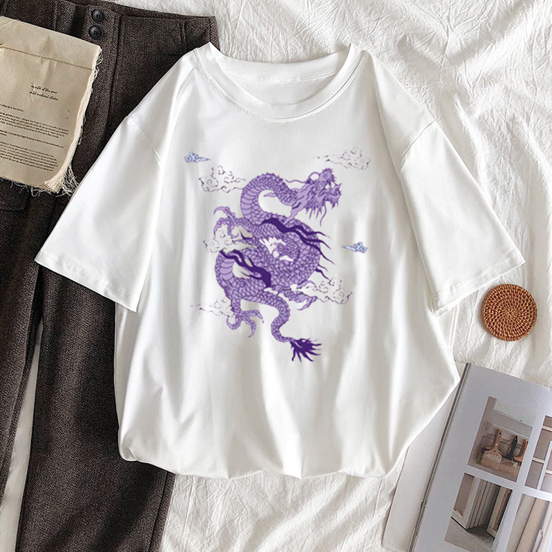 Casual Dragon Print Ladies Blouse Short Sleeve