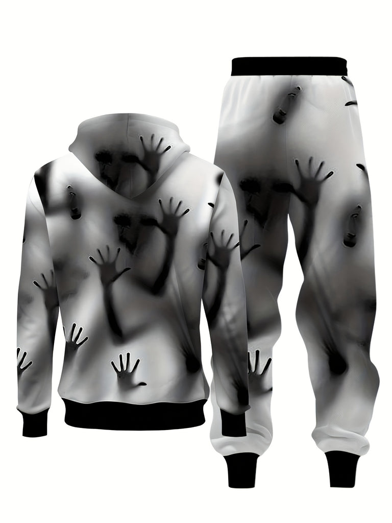 Men's Halloween Pumpkin Pattern Fashion Novelty Hoodie And Sweatpants Set, Long Sleeve Sweatshirts Jogger Pant Pajamas Loungewear Set, 2 Piece Outfits For Men