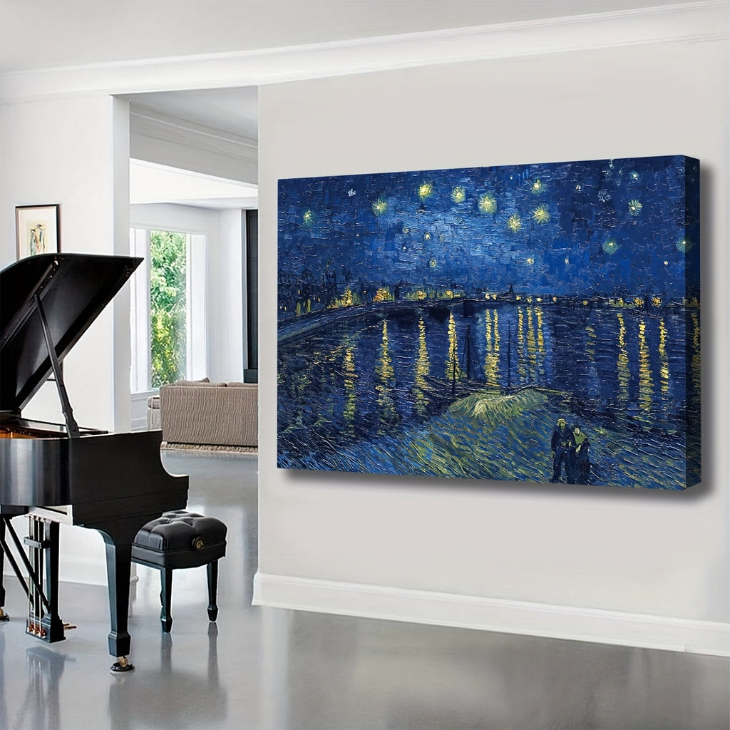 1pc Wooden Framed Extra Large Canvas Wall Art, Starry Night Over The Rhone By Vincent Van Gogh Painting On Canvas, Classic Canvas Wall Art For Home Decor, Museum Exhibition Art, Wrapped Canvas, Ready To Hang