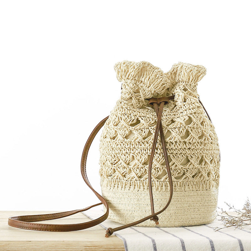 New Hollow Bucket Woven Bag Shoulder Beach Bag Seaside Vacation Straw Bag Female Bag