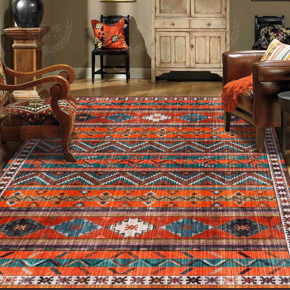 Geometric Ethnic Stripes Dark Orange Living Room Bedroom Bedside Carpet Floor Mats