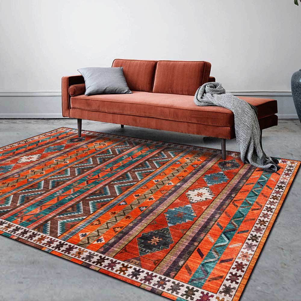 Geometric Ethnic Stripes Dark Orange Living Room Bedroom Bedside Carpet Floor Mats