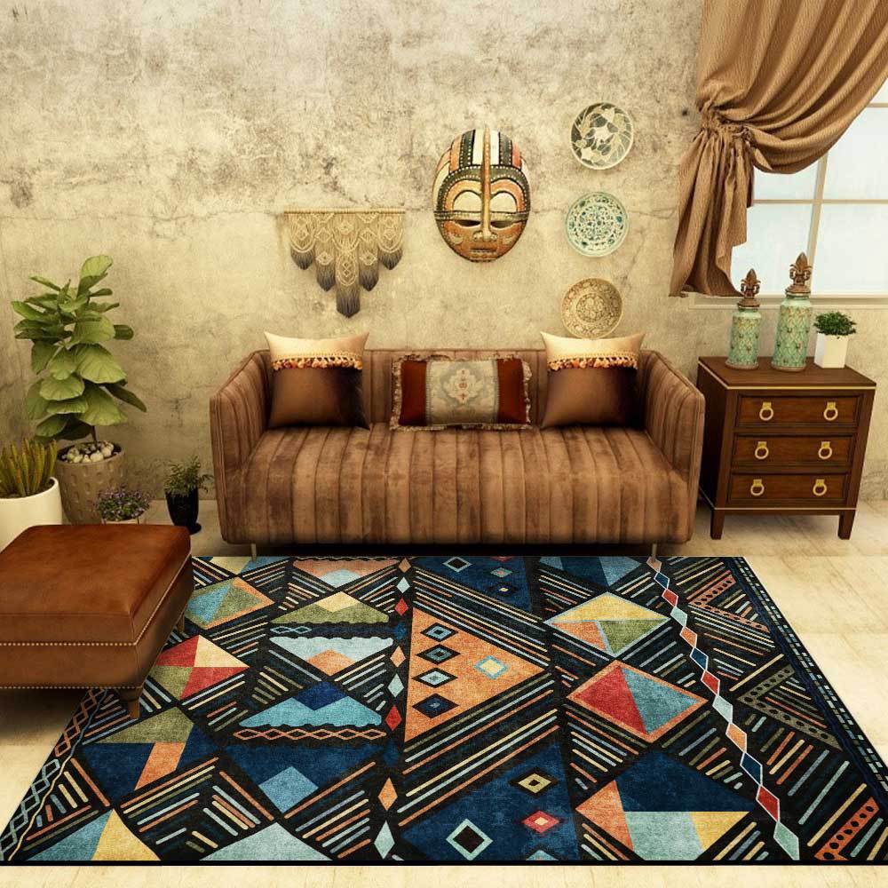 Ethnic Style Blue Multicolor Block Living Room Bedroom Bedside Carpet Floor Mats