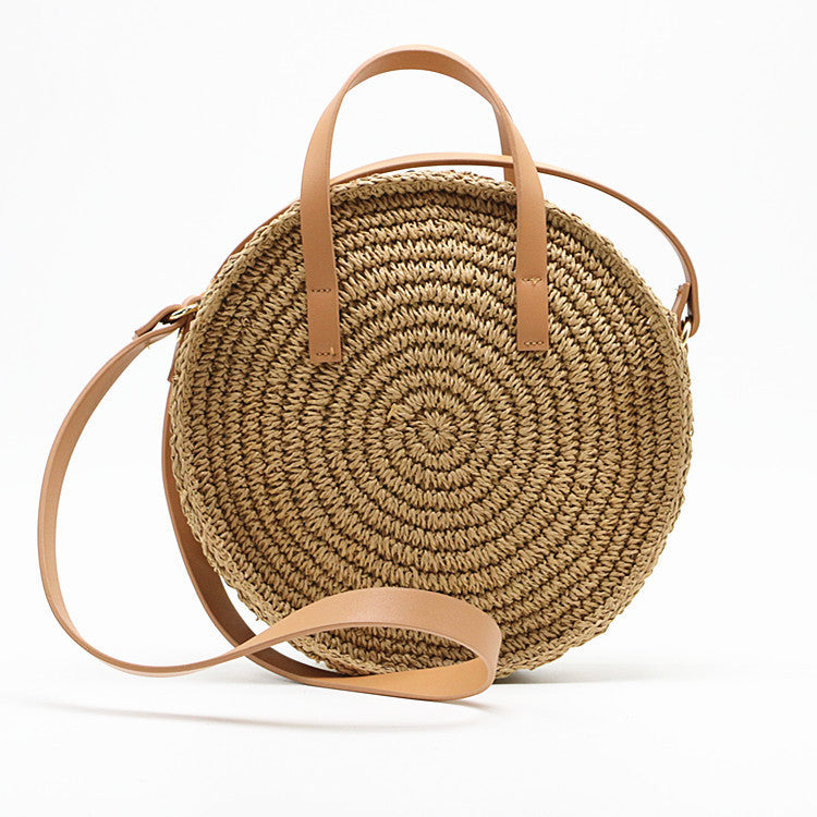 New Round Portable Straw Woven Bag, Shoulder Bag, Hand-Woven Wholesale