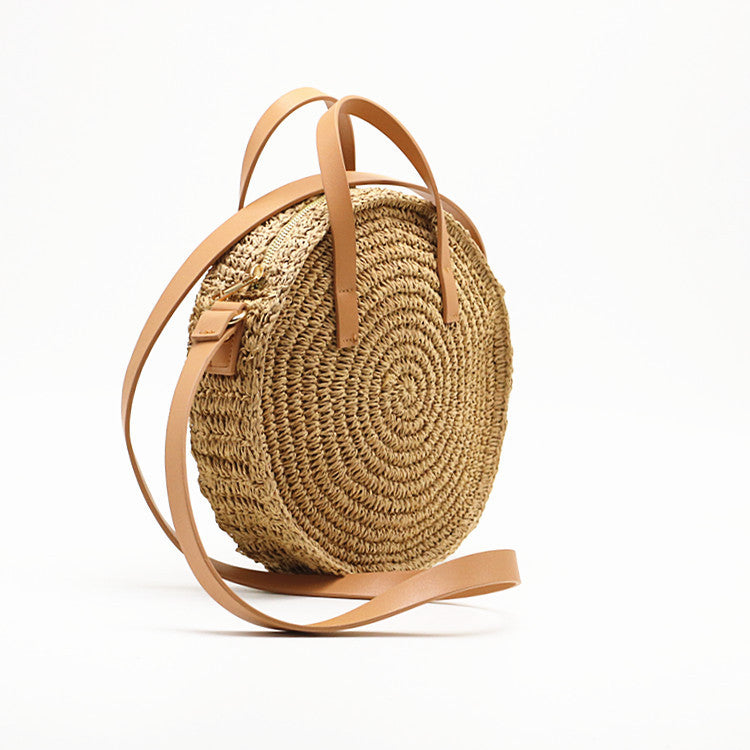New Round Portable Straw Woven Bag, Shoulder Bag, Hand-Woven Wholesale