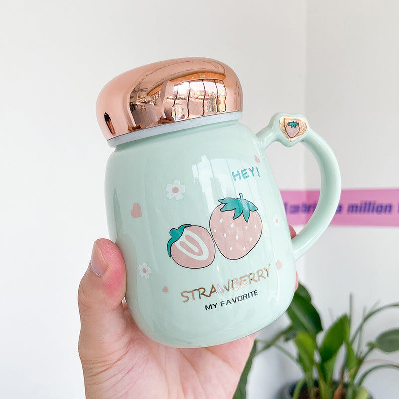 L Korean Cute Strawberry Ceramic Mug Mirror Cover Sealed Cups