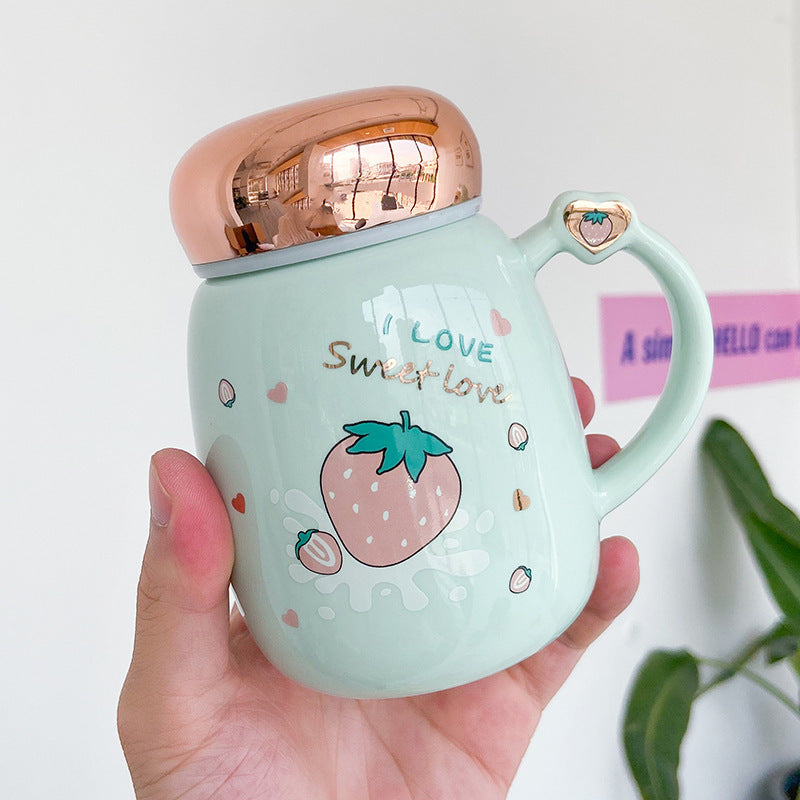 L Korean Cute Strawberry Ceramic Mug Mirror Cover Sealed Cups