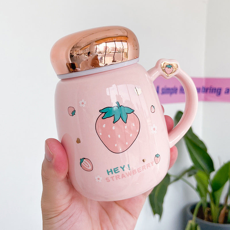L Korean Cute Strawberry Ceramic Mug Mirror Cover Sealed Cups