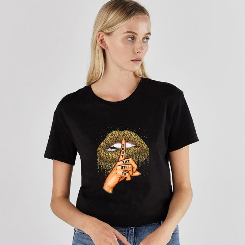 Leopard Lip Pattern Women'S Top Loose Round Neck Fashion Women'S T-Shirt