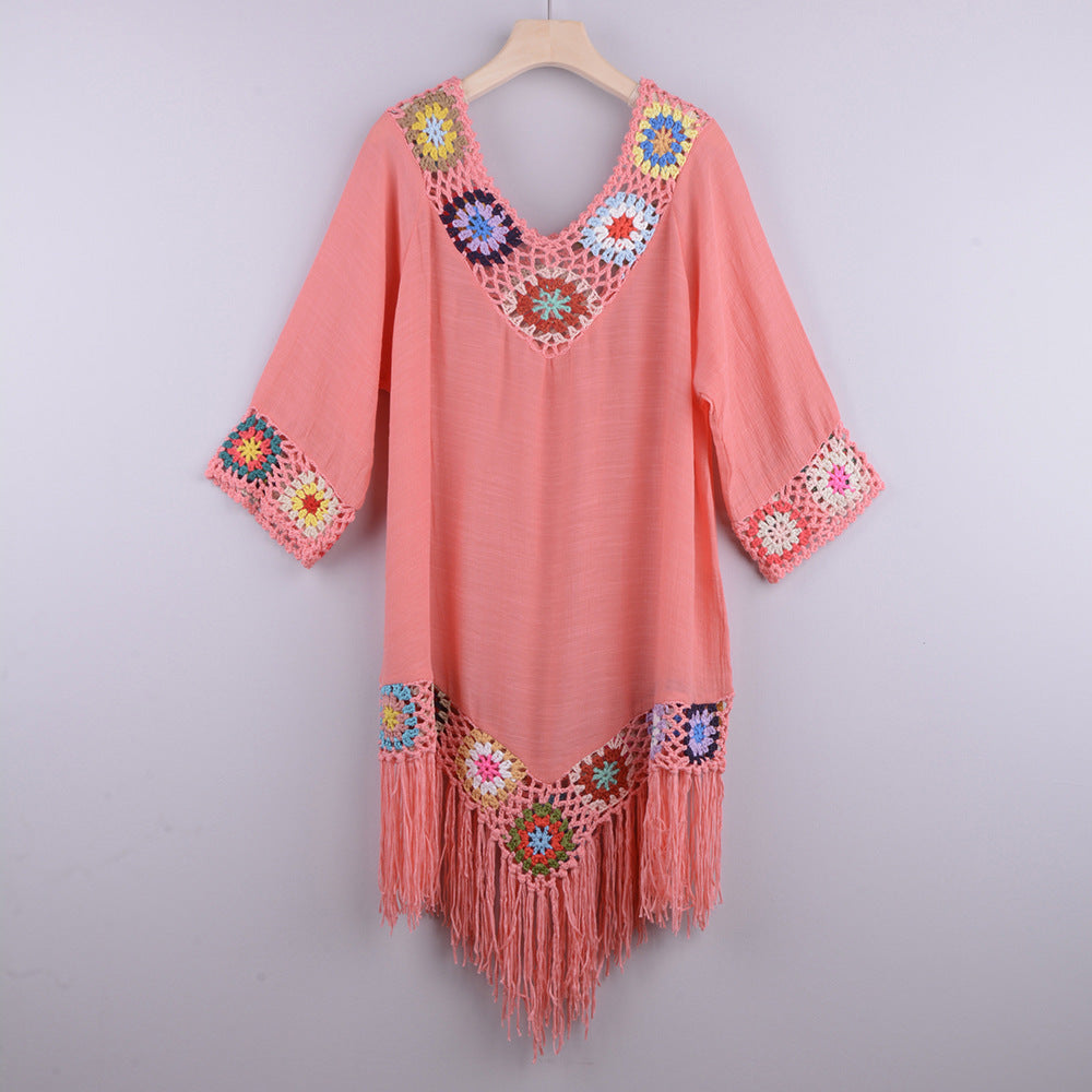 Off-Shoulder Three-Quarter Sleeves Chain Link Stitching Irregular Fringed Beach Anti-Sat Blouse Ethnic Style