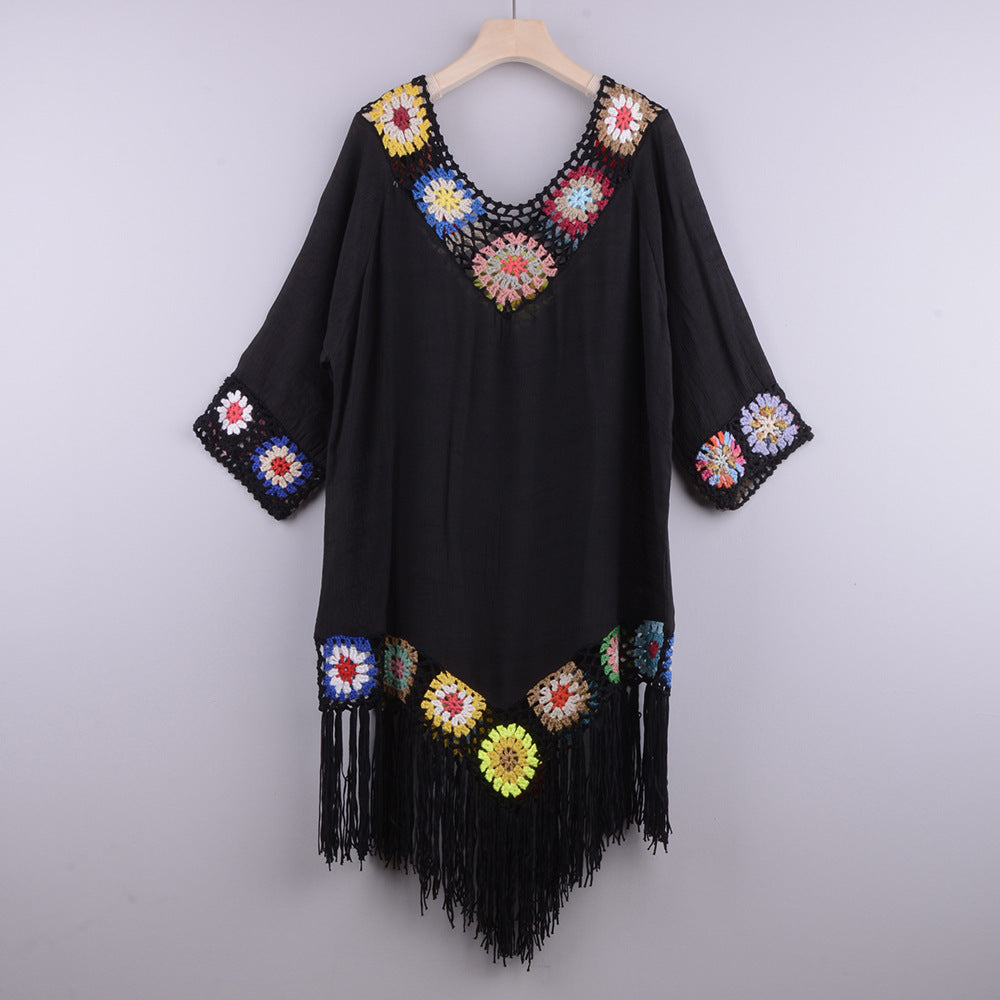 Off-Shoulder Three-Quarter Sleeves Chain Link Stitching Irregular Fringed Beach Anti-Sat Blouse Ethnic Style