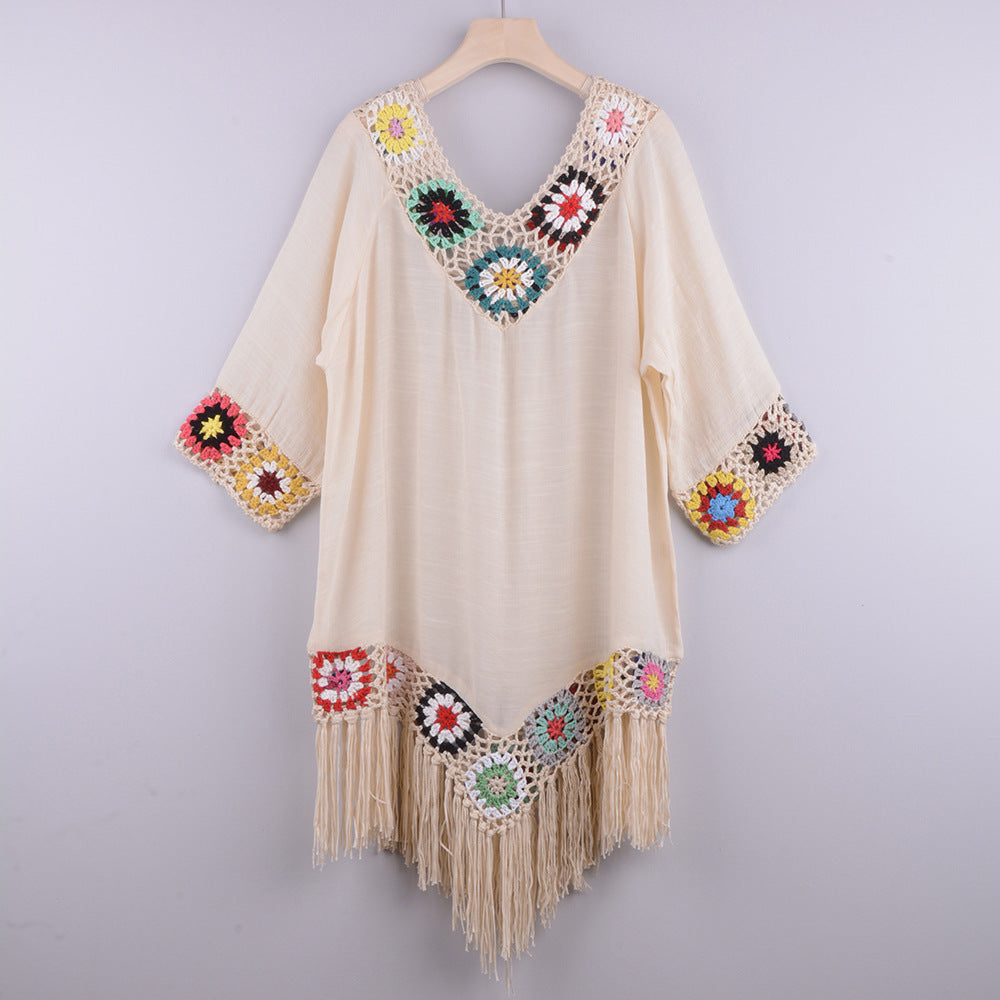 Off-Shoulder Three-Quarter Sleeves Chain Link Stitching Irregular Fringed Beach Anti-Sat Blouse Ethnic Style