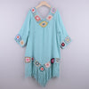 Off-Shoulder Three-Quarter Sleeves Chain Link Stitching Irregular Fringed Beach Anti-Sat Blouse Ethnic Style