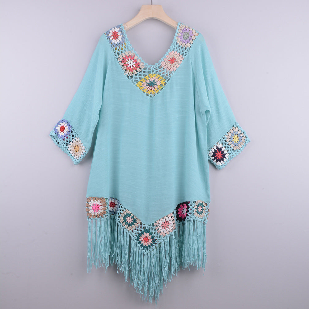 Off-Shoulder Three-Quarter Sleeves Chain Link Stitching Irregular Fringed Beach Anti-Sat Blouse Ethnic Style