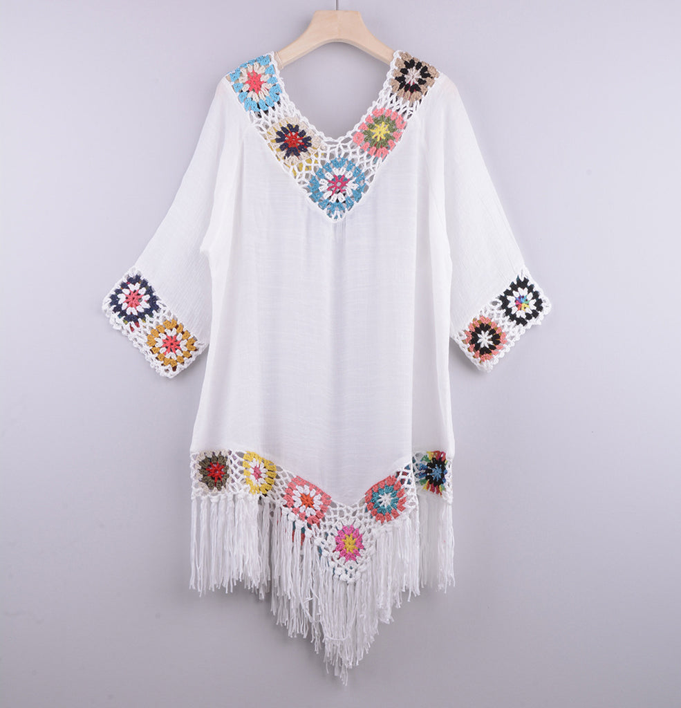 Off-Shoulder Three-Quarter Sleeves Chain Link Stitching Irregular Fringed Beach Anti-Sat Blouse Ethnic Style
