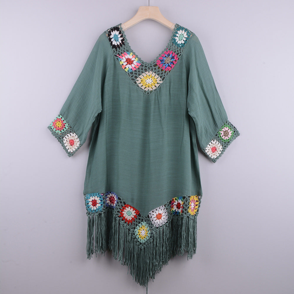 Off-Shoulder Three-Quarter Sleeves Chain Link Stitching Irregular Fringed Beach Anti-Sat Blouse Ethnic Style