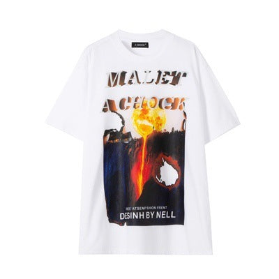 New Moon Melt Printing Rock Short Sleeve T-Shirt Casual Wild Loose Couple