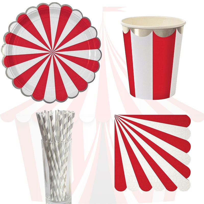 Circus Paper Disposable Tableware Red Striped Plates Cups Wedding