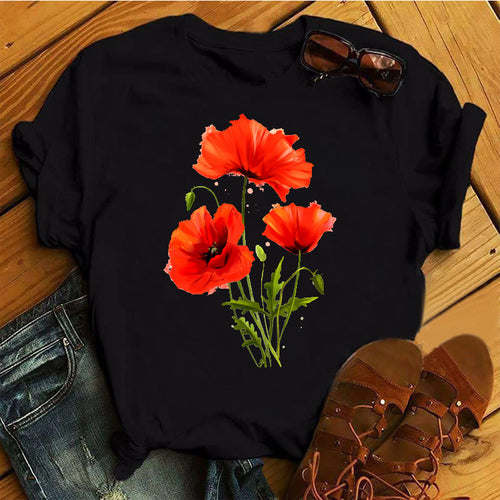 Floral Flower Pattern Printing Loose Summer Casual Ladies T Shirt