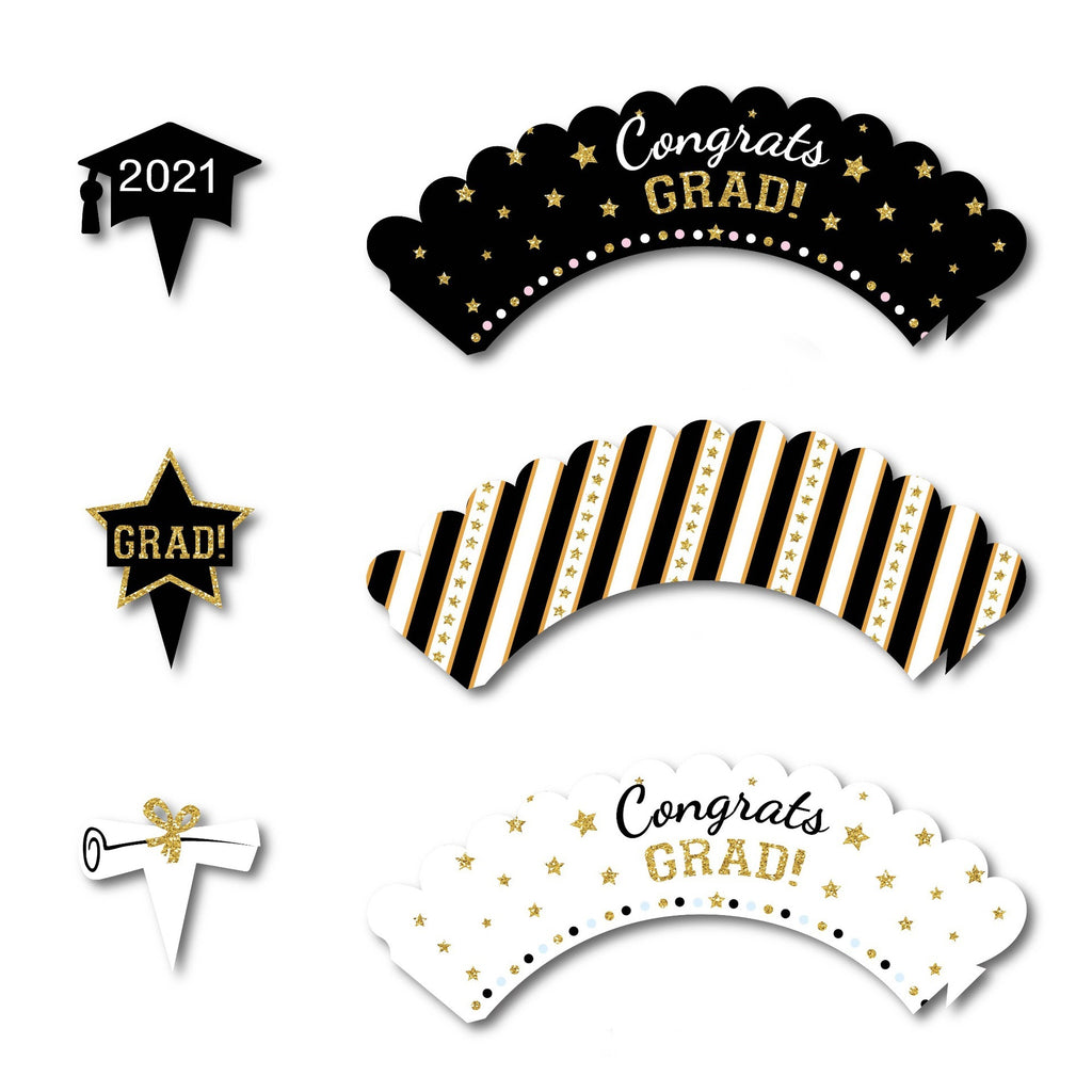 Black Gold Graduation Cake Cup Circle Decoration Circle Party Supplies Set