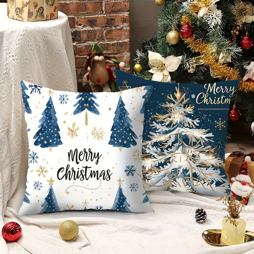 4pcs Navy Blue Christmas Pillow Covers Set - Snowflake, Elk & Tree Designs | Merry Holiday Farmhouse Decor for Living Room, Bedroom, Porch | 18x18 Inches, Zip Closure, Machine Washable