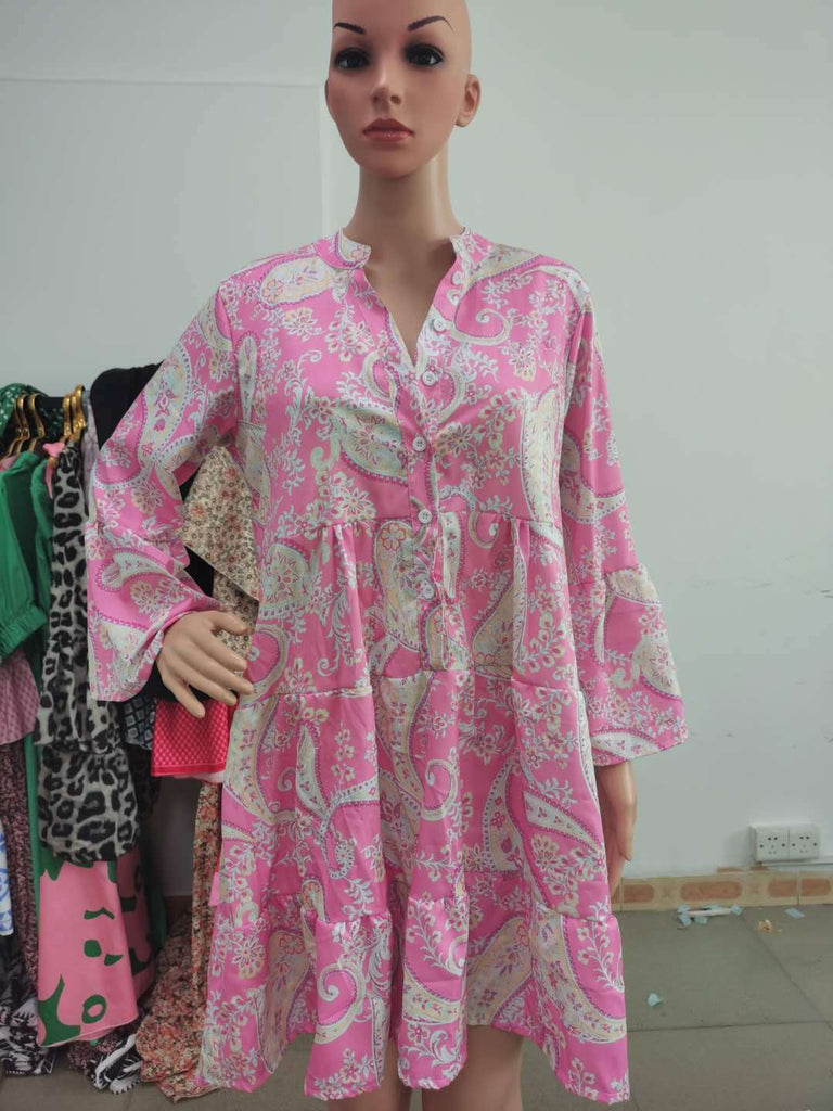 V-neck Print Flared Sleeve Skirt