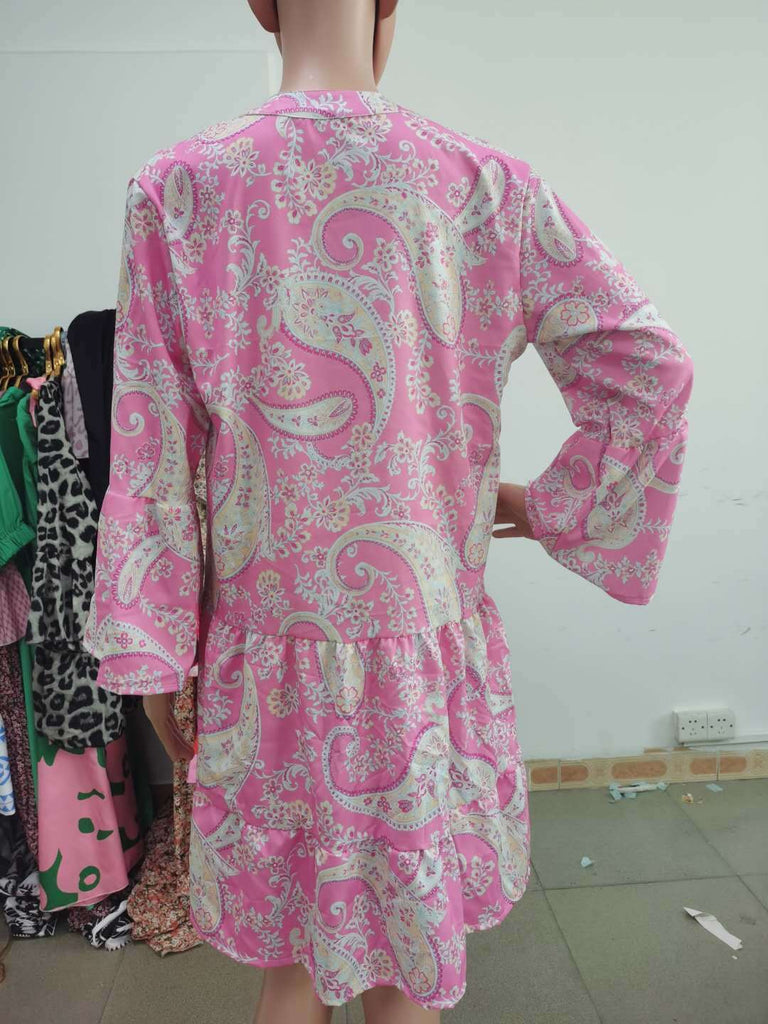 V-neck Print Flared Sleeve Skirt