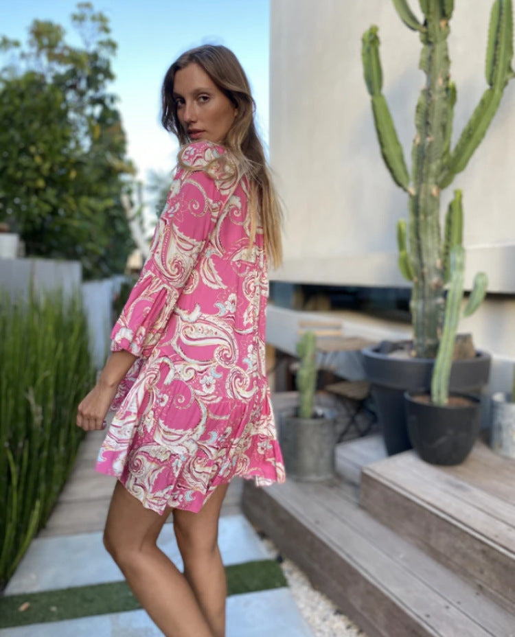 V-neck Print Flared Sleeve Skirt