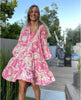 V-neck Print Flared Sleeve Skirt