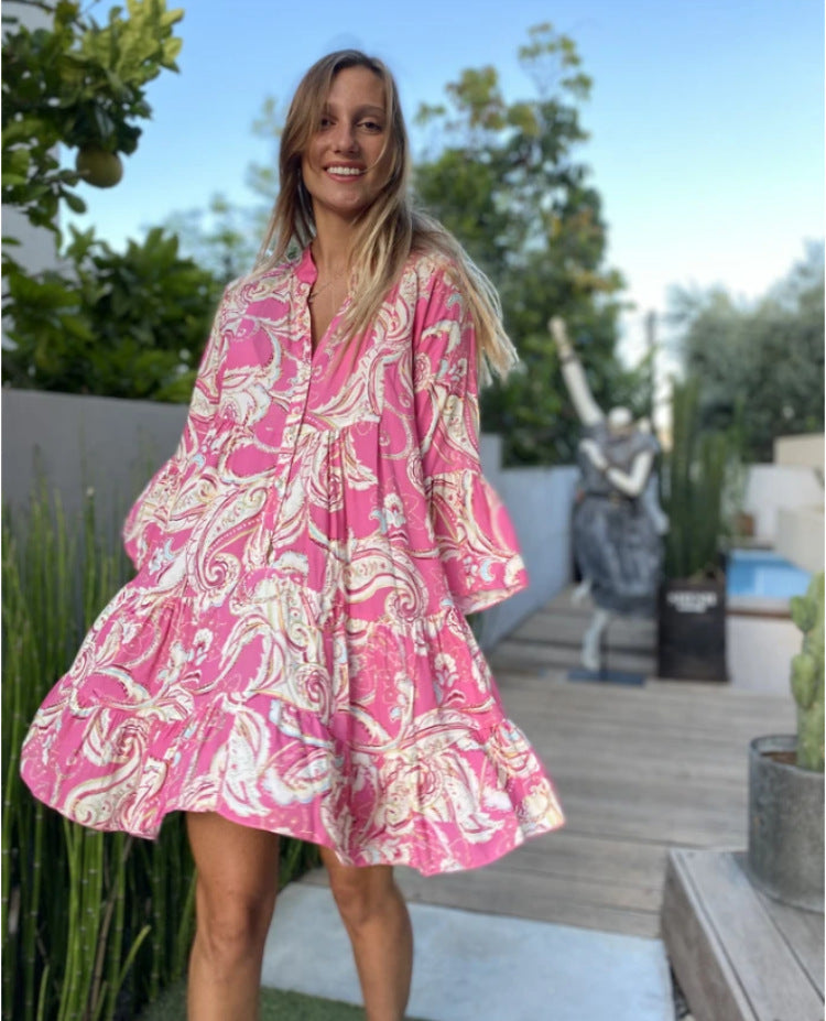 V-neck Print Flared Sleeve Skirt