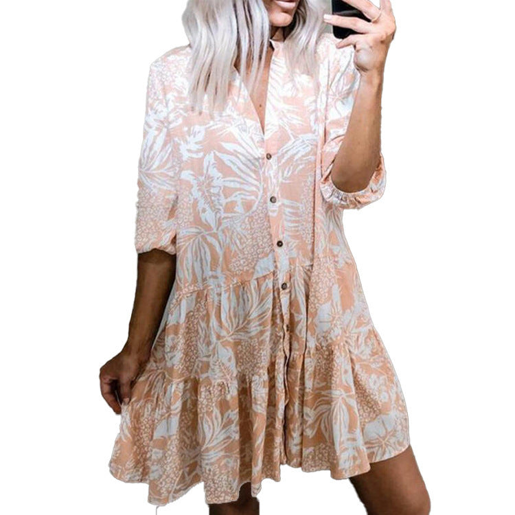 V-neck Print Flared Sleeve Skirt