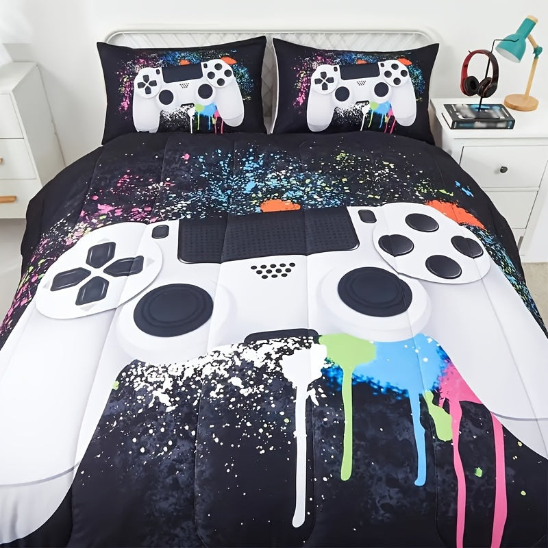 4/5Pcs Gamer Comforter Set - Stain Resistant, Ultra Soft Microfiber, Lightweight, 3D Colorful Game Controller Bedding With 100% Polyester Fiber Fill - Twin/Full/Queen Size Bed In A Bag For All Seasons