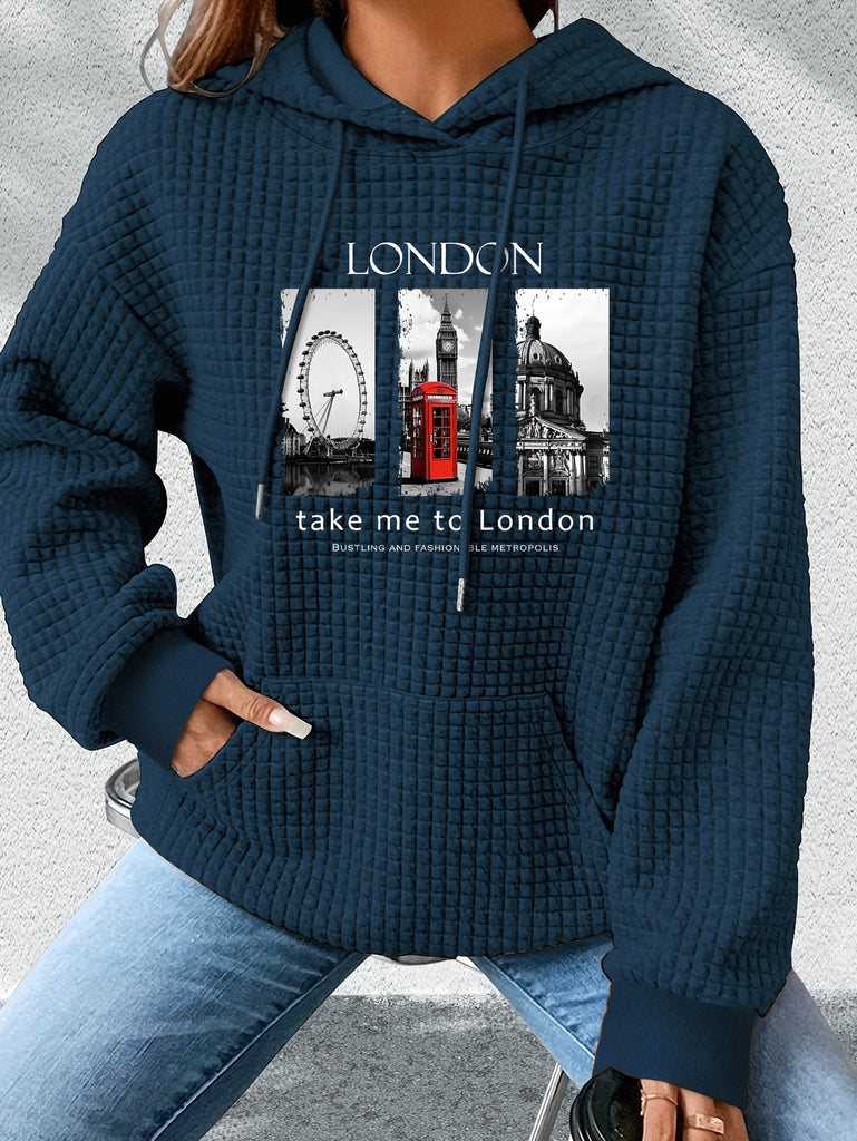 Women's Casual Hoodie Sweatshirt with London Architecture Print, Waffle Knit Fabric, Long Sleeve, Pullover, Polyester, Alphabet Pattern, Loose Fit, No Belt, Fall/Winter Collection