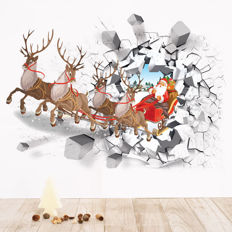 1pc 3D Broken Wall Santa Claus Elk Wall Sticker, Christmas Self-Adhesive Wall Stickers, Bedroom Entryway Living Room Porch Home Decoration Wall Stickers, Removable Stickers, Wall Decor Decals