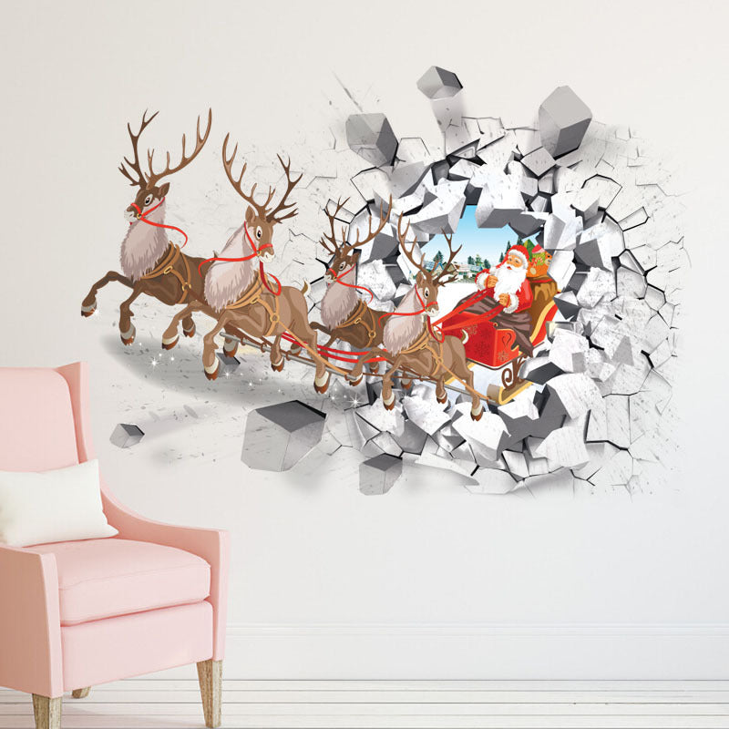 1pc 3D Broken Wall Santa Claus Elk Wall Sticker, Christmas Self-Adhesive Wall Stickers, Bedroom Entryway Living Room Porch Home Decoration Wall Stickers, Removable Stickers, Wall Decor Decals