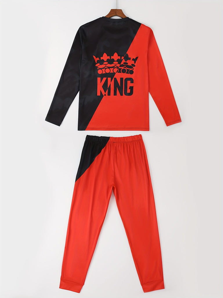 KING Pattern Men's 2Pcs Outfits, Casual Crew Neck Long Sleeve T-shirt And Drawstring Sweatpants Joggers Set For Summer, Men's Clothing