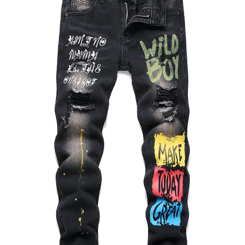 1pc Boys' Casual Skinny Jeans, Cotton Blend, Medium Stretch, All-Season, Woven, Solid Color with Distressed Print Design, 85% Cotton 15% Polyester