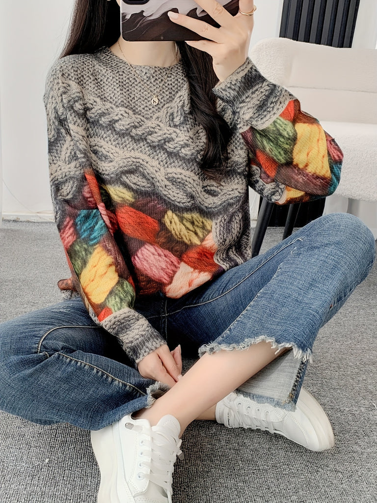 Allover Pattern Crew Neck Sweater, Casual Long Sleeve Thin Sweater For Spring & Fall, Women's Clothing